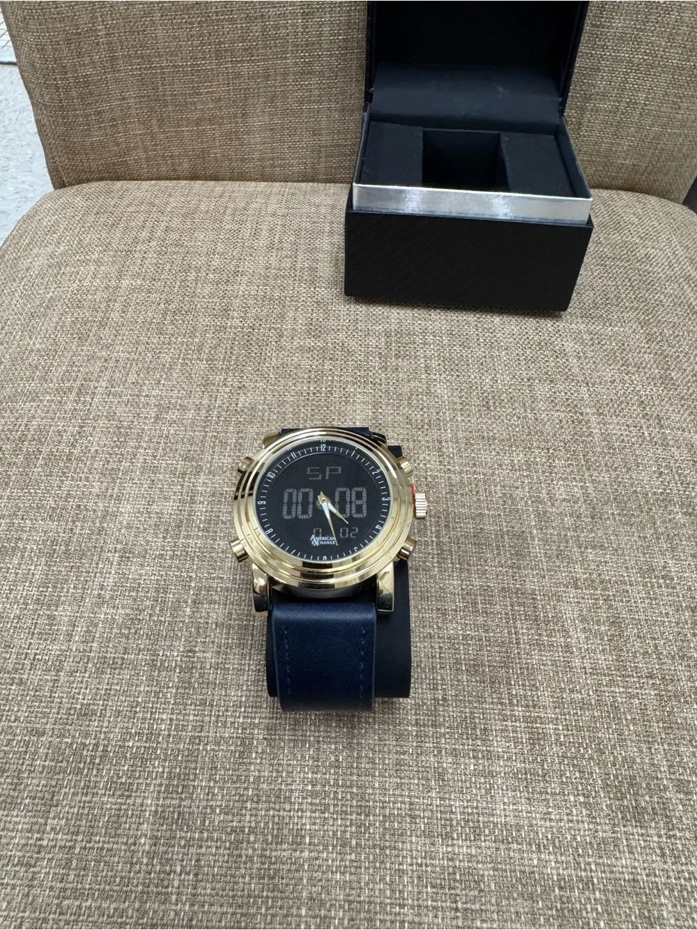 American Exchange Men’s Quartz Analog-Digital Watch Blue Leather Strap Gold Box